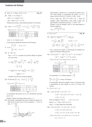 MA12FNPR2©PortoEditora
152
Caderno de Fichas
2.    2 5ln 1 ,0 16A t t t t      Pág. 87
2.1.    0 2 0 5ln 1 2A    
   1 2 1 5ln 2 4,47A    
   1 0 4,47 2 2,47A A   
Passada uma semana, a área afetada aumentou 2,47 hectares.
2.2.  
 1 1
1 5 1 5
1 1
t
A t
t t

      
 
1 5 4
1 1
t t
t t
   
 
 
  0 4 0 4A t t t      
t 0 4 16
A' (t) + 0 –
A (t) ↗ 6,05 ↘
Máx.
   4 2 4 5ln 5 6,05A    
A área máxima afetada pela doença foi 6,05 hectares.
3.  
e 3
se 0 2
1
ln se 2
5
x
x
x
xf x
x x x
 
 
 
  

3.1.  0,fD  
Seja y mx b  a equação da assíntota oblíqua do gráfico
de f, caso exista.
 
1
ln
5lim lim
x x
x xf x
m
x x 

 
1
ln5lim lim
x x
x
x
x x 
 
1 1
0
5 5
  
   1 1
lim lim ln
5 5x x
b f x mx x x x
 
 
     
 
lim ln
x
x

  
O gráfico de g não tem assíntotas oblíquas.
3.2. No intervalo  2,  ,  
1 1 5
5 5
x
f x
x x

   
 
5
0 0 5
5
x
f x x
x

     
x 2 5 
f ' (x) – +
f (x)
Mín.
f é estritamente decrescente em ]2, 5] e estritamente crescente
em  5, .
Portanto, f admite um mínimo relativo para x = 5.
3.3. Recorrendo à calculadora obtivemos o gráfico da função f no
intervalo ]0, 2[ bem como a reta de equação y = f (15), ou
seja, y = 3 – ln15.
Determinando o mínimo de f e a interseção do gráfico com a
reta, foram obtidas as coordenadas dos pontos A, B e C,
sendo A (0,50; 0,29), B (1,75; 0,29) e C (1,00; – 0,28).
Tem-se então que 1,75 0,50 1,25AB    e altura do
triângulo [ABC] relativamente à base [AB] é dada, com
aproximação às centésimas, por 0,29 – (– 0,28) = 0,57.
Portanto, á área do triângulo [ABC] é, com aproximação às
décimas, dada por:
 
0,57 1,25
0,4
2ABC
A

 
4.   0,3
2 e t
C t t 
 Pág. 88
4.1.    
 0
0,3
lim lim 2 e t
t t
C t t


 
  0,3
2 lim
e tt
t


0,30,3
1 0,3
2 lim
0,3 e tt
t

  (Fazendo 0,3y t )
2
lim
0,3 eyy
y

 
2 1
0,3 e
lim
y
y y
 
2 1
0,3
 

2
0 0
0,3
  
Com o decorrer do tempo, a concentração da substância no
sangue do Fernando tende para zero.
4.2.      0,3 0,3
2 e 2 et t
C t t t     0,3 0,3
2e 2 0,3 et t
t 
   
0,3 0,3
2e 0,6 et t
t 
   0,3
e 2 0,6t
t
 
   0,3
0 e 2 0,6 0 2 0,6 0t
C t e t t
       
2 10
0,6 3
t t 
t 0
10
3

C' (t) + 0 –
C (t) ↗ ↘
Máx.
A concentração C (t) é máxima quando
10
3
t  .
10 1
h 3 h
3 3
 
   
 
3 horas e 20 minutos
A concentração máxima foi atingida 3 horas e 20 minutos após
o medicamento ter sido tomado, ou seja, às 12 horas e 20
minutos.
5.    2
ex
f x x x 
5.1.        2 2
e ex x
f x x x x x    
   2
e e 2 1x x
x x x     2
e 2 1x
x x x   
 2
e 3 1x
x x  
Ponto de tangência: P (0, 0)     0
0 e 0 0 0f   
Declive:    0
0 e 0 0 1 0m f     
Logo y = x é uma equação da reta pedida.
5.2.        2 2
e 3 1 e 3 1x x
f x x x x x      
   2
e 3 1 e 2 3x x
x x x    
 2
e 3 2 3 1x
x x x      2
e 5 4x
x x  
   2
0 e 5 4 0x
f x x x      e 5 4 0x
x   
4 1x x   
 