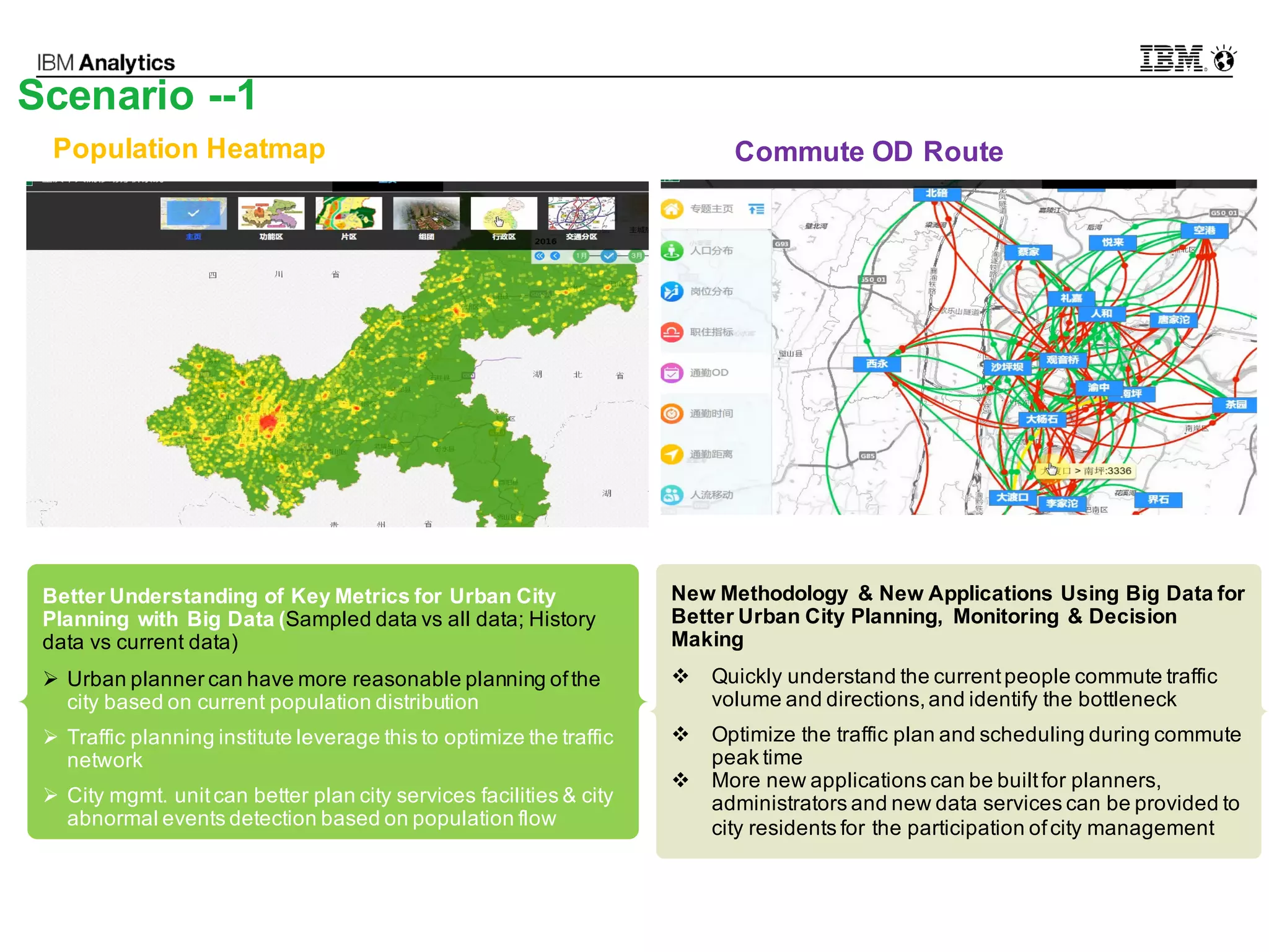© 2016 IBM Corporation21
Scenario --1
Population Heatmap Commute OD Route
Better Understanding of Key Metrics for Urban City
Planning with Big Data (Sampled data vs all data; History
data vs current data)
Ø Urban planner can have more reasonable planning ofthe
city based on current population distribution
Ø Traffic planning institute leverage this to optimize the traffic
network
Ø City mgmt. unitcan better plan city services facilities & city
abnormal events detection based on population flow
New Methodology & New Applications Using Big Data for
Better Urban City Planning, Monitoring & Decision
Making
v Quickly understand the currentpeople commute traffic
volume and directions,and identify the bottleneck
v Optimize the traffic plan and scheduling during commute
peak time
v More new applications can be builtfor planners,
administrators and new data services can be provided to
city residents for the participation ofcity management
 