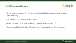 KNIMEAnalyticsPlatform
Open source platform for comprehensive data loading, processing, analysis
and modeling.
19 open source releases since 2006
Open: to all sorts of data and other tools (R, Python, Java...)
Commercial Extensions for Collaboration, Productivity and Performance.
© Copyright Data Transformed Pty Ltd 2016.
 