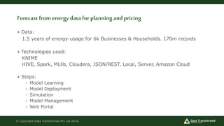 Forecast from energy data for planning and pricing
Data:
1.5 years of energy-usage for 6k Businesses & Households. 170m records
Technologies used:
KNIME
HIVE, Spark, MLlib, Cloudera, JSON/REST, Local, Server, Amazon Cloud
Steps:
- Model Learning
- Model Deployment
- Simulation
- Model Management
- Web Portal
© Copyright Data Transformed Pty Ltd 2016.
 