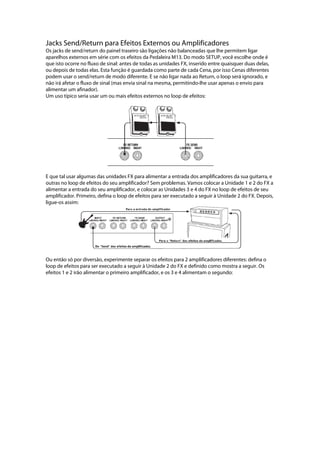 Jacks Send/Return para Efeitos Externos ou Amplificadores
Os jacks de send/return do painel traseiro são ligações não balanceadas que lhe permitem ligar
aparelhos externos em série com os efeitos da Pedaleira M13. Do modo SETUP, você escolhe onde é
que isto ocorre no fluxo de sinal: antes de todas as unidades FX, inserido entre quaisquer duas delas,
ou depois de todas elas. Esta função é guardada como parte de cada Cena, por isso Cenas diferentes
podem usar o send/return de modo diferente. E se não ligar nada ao Return, o loop será ignorado, e
não irá afetar o fluxo de sinal (mas envia sinal na mesma, permitindo-lhe usar apenas o envio para
alimentar um afinador).
Um uso típico seria usar um ou mais efeitos externos no loop de efeitos:
E que tal usar algumas das unidades FX para alimentar a entrada dos amplificadores da sua guitarra, e
outras no loop de efeitos do seu amplificador? Sem problemas. Vamos colocar a Unidade 1 e 2 do FX a
alimentar a entrada do seu amplificador, e colocar as Unidades 3 e 4 do FX no loop de efeitos de seu
amplificador. Primeiro, defina o loop de efeitos para ser executado a seguir à Unidade 2 do FX. Depois,
ligue-os assim:
Ou então só por diversão, experimente separar os efeitos para 2 amplificadores diferentes: defina o
loop de efeitos para ser executado a seguir à Unidade 2 do FX e definido como mostra a seguir. Os
efeitos 1 e 2 irão alimentar o primeiro amplificador, e os 3 e 4 alimentam o segundo:
 