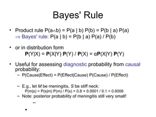 Bayes' Rule 
• Product rule P(aÙb) = P(a | b) P(b) = P(b | a) P(a) 
Þ Bayes' rule: P(a | b) = P(b | a) P(a) / P(b) 
• or in distribution form 
P(Y|X) = P(X|Y) P(Y) / P(X) = αP(X|Y) P(Y) 
• Useful for assessing diagnostic probability from causal 
probability: 
– P(Cause|Effect) = P(Effect|Cause) P(Cause) / P(Effect) 
– E.g., let M be meningitis, S be stiff neck: 
P(m|s) = P(s|m) P(m) / P(s) = 0.8 × 0.0001 / 0.1 = 0.0008 
– Note: posterior probability of meningitis still very small! 
– 
• 
– 
 