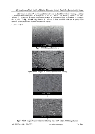 Preparation and Study On Nickel Coated Aluminium through Electroless Deposition Technique
DOI: 10.9790/1684-1303047377 www.iosrjournals.org 76 | Page
XRD pattern of sintered Al and Ni coated Al are shown in fig. 1 and 2 respectively. From fig. 1, sintered
Al shows the characteristic peaks at 2θ angle of ~ 38.493 (111), 44.739 (200), 65.012 (220) and 78.019 (311).
From fig. 2, it is clear that Ni coated Al show same peak for Al with the addition of the peaks for Ni at 2θ angle
of ~ 20.4 (001), 27.447 (110), 44.57 (111) and 51.81 (200). As Ni shows individual peaks, the Ni coated Al has
magnetic property and hence, attracted by an external magnet.
3.5 SEM Analysis
Figure 5: SEM image of sintered Al
Figure 6:SEM image of Ni coated Al (heated during coating)
(a)
(b)
Figure 7:SEM image ofNi coated Al(without heating) at (a) 500 X and (b) 2000X magnification
 