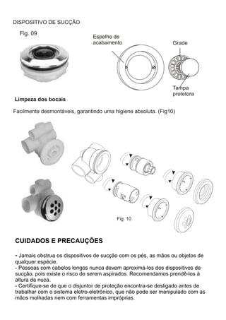 DISPOSITIVO DE SUCÇÃO

  Fig. 09
                                Espelho de
                                acabamento                      Grade




                                                                Tampa
                                                                protetora
Limpeza dos bocais

Facilmente desmontáveis, garantindo uma higiene absoluta. (Fig10)




                                         Fig. 10



CUIDADOS E PRECAUÇÕES

- Jamais obstrua os dispositivos de sucção com os pés, as mãos ou objetos de
qualquer espécie.
- Pessoas com cabelos longos nunca devem aproximá-los dos dispositivos de
sucção, pois existe o risco de serem aspirados. Recomendamos prendê-los à
altura da nuca.
- Certifique-se de que o disjuntor de proteção encontra-se desligado antes de
trabalhar com o sistema eletro-eletrônico, que não pode ser manipulado com as
mãos molhadas nem com ferramentas impróprias.
 