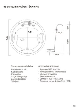 03-ESPECIFICAÇÕES TÉCNICAS




                                                                           6,0
                               1,14                            11,0
 1,60




                   1,03




                                                                           50,0
                                                           25,0




        Componentes de linha          Acessórios opicionais
        1 Motobomba 1” HP             * Aquecedor 2005 5kw-220v
        1 Jato direcional             * Iluminação colorida (cromoterapia)
        4 Turbo jatos                 * Interruptor pneumático
        2 Alças de segurança            (branco e cromado)
        2 Apoios de cabeça            * Controle de nível (110v / 220v)
        8 Minijatos                   * Controle de entrada de água (110v / 220v)




                                                                                    02
 
