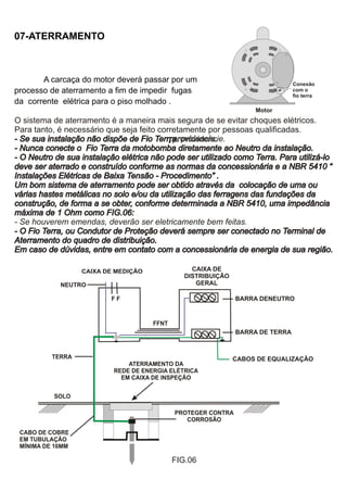 07-ATERRAMENTO



       A carcaça do motor deverá passar por um                                  Conexão
processo de aterramento a fim de impedir fugas                                  com o
                                                                                fio terra
da corrente elétrica para o piso molhado .
                                                                    Motor
O sistema de aterramento é a maneira mais segura de se evitar choques elétricos.
Para tanto, é necessário que seja feito corretamente por pessoas qualificadas.
                                           , providencie.
- Se sua instalação não dispõe de Fio Terrra providencie.
                                       Terrra,
- Nunca conecte o Fio Terra da motobomba diretamente ao Neutro da instalação.
- O Neutro de sua instalação elétrica não pode ser utilizado como Terra. Para utilizá-lo
deve ser aterrado e construído conforme as normas da concessionária e a NBR 5410 “
Instalações Elétricas de Baixa Tensão - Procedimento” .
Um bom sistema de aterramento pode ser obtido através da colocação de uma ou
várias hastes metálicas no solo e/ou da utilização das ferragens das fundações da
construção, de forma a se obter, conforme determinada a NBR 5410, uma impedância
máxima de 1 Ohm como FIG.06:
- Se houverem emendas, deverão ser eletricamente bem feitas.
- O Fio Terra, ou Condutor de Proteção deverá sempre ser conectado no Terminal de
Aterramento do quadro de distribuição.
Em caso de dúvidas, entre em contato com a concessionária de energia de sua região.

                  CAIXA DE MEDIÇÃO                CAIXA DE
                                                DISTRIBUIÇÃO
            NEUTRO                                 GERAL

                          FF                                   BARRA DENEUTRO


                                      FFNT
                                                               BARRA DE TERRA


          TERRA                                                CABOS DE EQUALIZAÇÃO
                               ATERRAMENTO DA
                           REDE DE ENERGIA ELÉTRICA
                             EM CAIXA DE INSPEÇÃO


          SOLO

                                             PROTEGER CONTRA
                                                CORROSÃO

 CABO DE COBRE
 EM TUBULAÇÃO
 MÍNIMA DE 16MM

                                             FIG.06
 