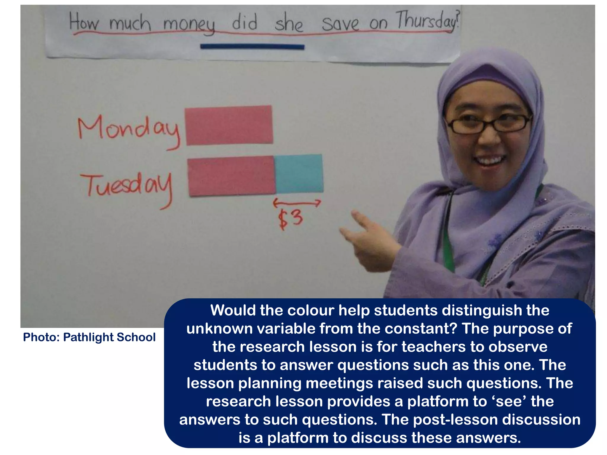 Would the colour help students distinguish the
                           unknown variable from the constant? The purpose of
Photo: Pathlight School
                               the research lesson is for teachers to observe
                            students to answer questions such as this one. The
                           lesson planning meetings raised such questions. The
                              research lesson provides a platform to ‘see’ the
                          answers to such questions. The post-lesson discussion
                                   is a platform to discuss these answers.
 