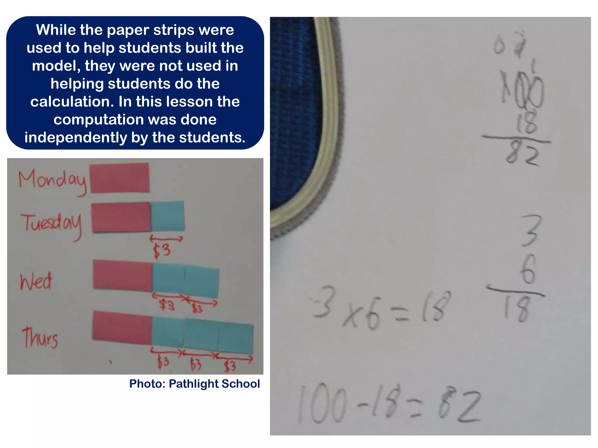 While the paper strips were
 used to help students built the
  model, they were not used in
    helping students do the
 calculation. In this lesson the
    computation was done
independently by the students.




               Photo: Pathlight School
 