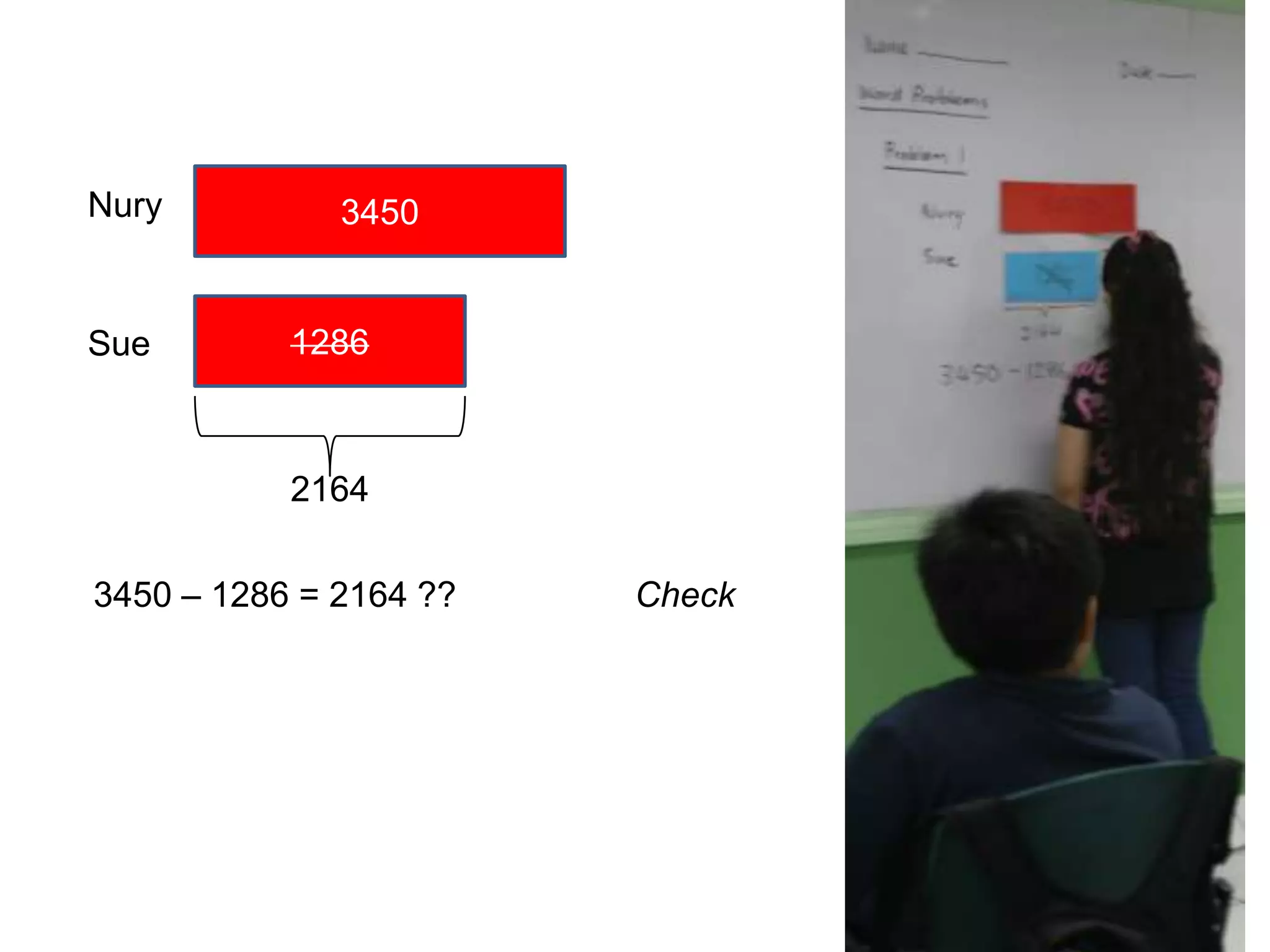Nury          3450


Sue        1286



           2164

3450 – 1286 = 2164 ??   Check
 