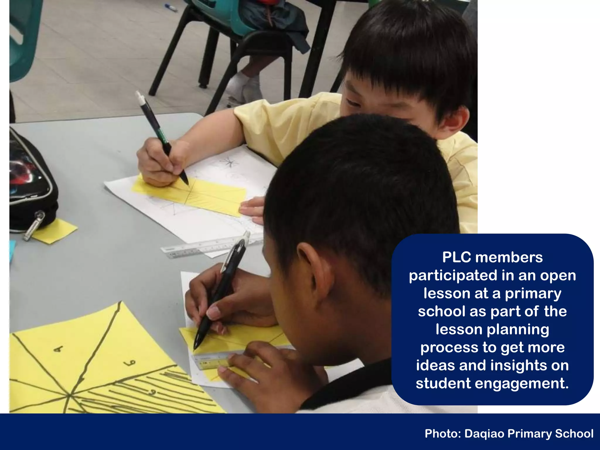 PLC members
participated in an open
  lesson at a primary
 school as part of the
    lesson planning
  process to get more
 ideas and insights on
 student engagement.


  Photo: Daqiao Primary School
 
