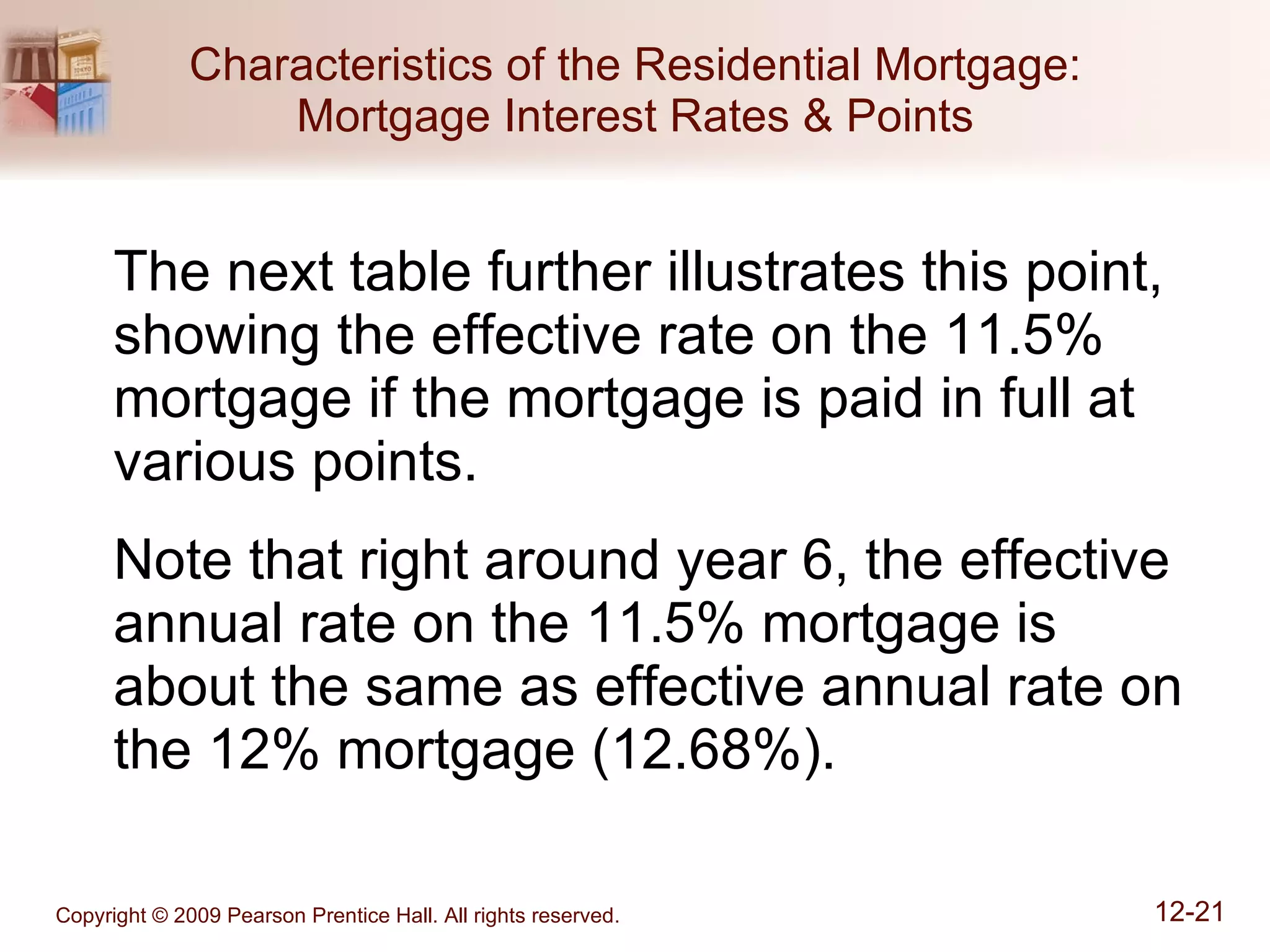 Characteristics of the Residential Mortgage: Mortgage Interest Rates & Points The next table further illustrates this point, showing the effective rate on the 11.5% mortgage if the mortgage is paid in full at various points. Note that right around year 6, the effective annual rate on the 11.5% mortgage is about the same as effective annual rate on the 12% mortgage (12.68%). 