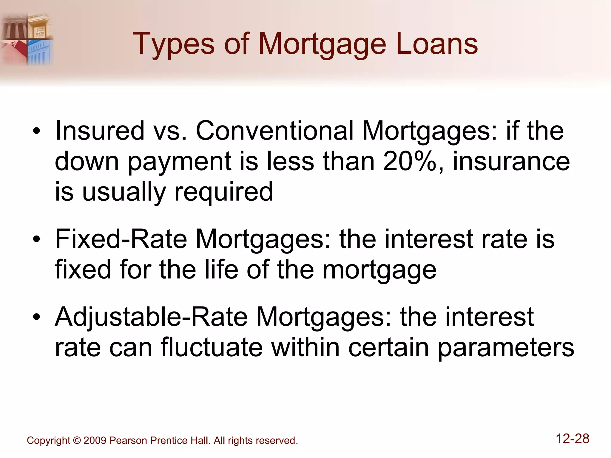 Types of Mortgage Loans Insured vs. Conventional Mortgages: if the down payment is less than 20%, insurance is usually required Fixed-Rate Mortgages: the interest rate is fixed for the life of the mortgage Adjustable-Rate Mortgages: the interest rate can fluctuate within certain parameters 