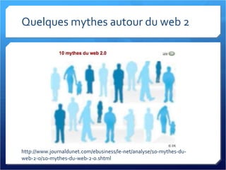Quelques mythes autour du web 2 http://www.journaldunet.com/ebusiness/le-net/analyse/10-mythes-du-web-2-0/10-mythes-du-web-2-0.shtml 