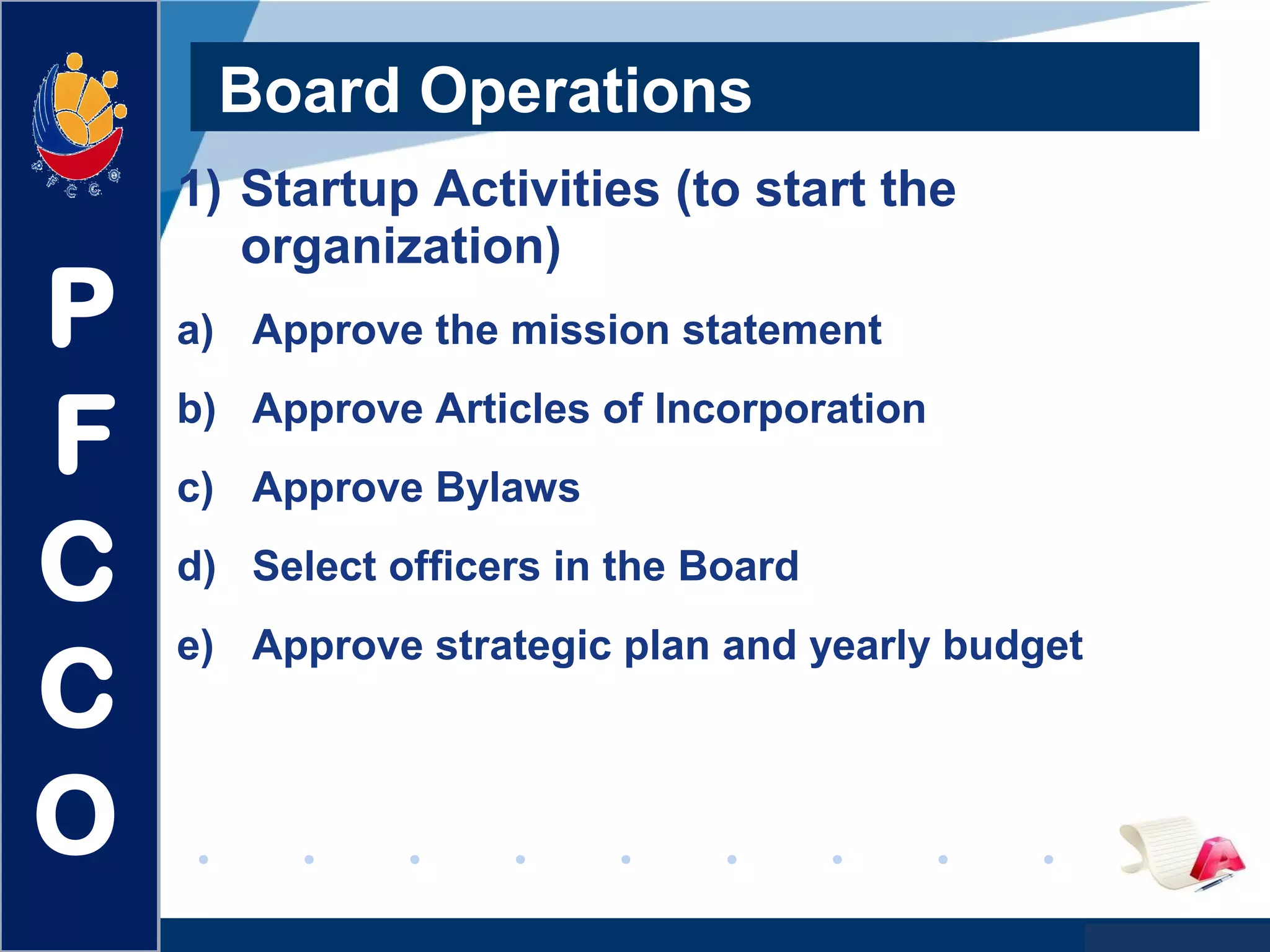 www.company.com
Board Operations
1) Startup Activities (to start the
organization)
a) Approve the mission statement
b) Approve Articles of Incorporation
c) Approve Bylaws
d) Select officers in the Board
e) Approve strategic plan and yearly budget
P
F
C
C
O
 