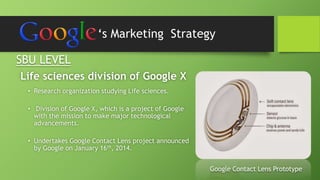 ‘s Marketing Strategy 
SBU LEVEL 
Life sciences division of Google X 
• Research organization studying Life sciences. 
• Division of Google X, which is a project of Google 
with the mission to make major technological 
advancements. 
• Undertakes Google Contact Lens project announced 
by Google on January 16th, 2014. 
Google Contact Lens Prototype 
 