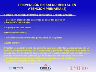 Común a los 2 grupos de Infancia-adolescencia y Adultos-ancianos:
– Detección precoz de los trastornos de ansiedad-depresión
– Prevención del suicidio
Subprogramas prioritarios:Subprogramas prioritarios:
Infancia-adolescencia:
– Antecedentes de enfermedad psiquiátrica en los padres
Adulto-anciano:
Priorizar la atención sobre las personas que presentan las consecuencias de un
duelo o que próximamente van a enfrentarse a pérdidas. Éstas son situaciones de
la vida con una importante carga psicosocial y asistencial. Ofrecer atención en el
proceso de duelo a las personas que se enfrentan a las siguientes situaciones:
– Pérdida de funciones físicas. Atención al paciente y a sus familiares
– Cuidado del paciente terminal y de su familia
– Pérdida de un familiar o allegado
PREVENCIÓN EN SALUD MENTAL EN
ATENCIÓN PRIMARIA (2)
 