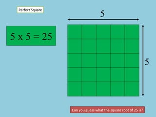 5 5 5 x 5 = 25 Perfect Square Can you guess what the square root of 25 is? 