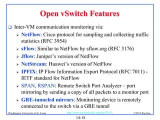 Open vSwitch Features


Inter-VM communication monitoring via:
 NetFlow: Cisco protocol for sampling and collecting traffic
statistics (RFC 3954)
 sFlow: Similar to NetFlow by sflow.org (RFC 3176)
 Jflow: Juniper’s version of NetFlow
 NetStream: Huawei’s version of NetFlow
 IPFIX: IP Flow Information Export Protocol (RFC 7011) IETF standard for NetFlow
 SPAN, RSPAN: Remote Switch Port Analyzer – port
mirroring by sending a copy of all packets to a monitor port
 GRE-tunneled mirrors: Monitoring device is remotely
connected to the switch via a GRE tunnel

Washington University in St. Louis

http://www.cse.wustl.edu/~jain/cse570-13/

14-18

©2013 Raj Jain

 