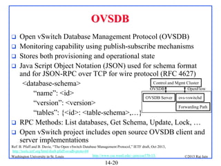OVSDB








Open vSwitch Database Management Protocol (OVSDB)
Monitoring capability using publish-subscribe mechanisms
Stores both provisioning and operational state
Java Script Object Notation (JSON) used for schema format
and for JSON-RPC over TCP for wire protocol (RFC 4627)
Control and Mgmt Cluster
<database-schema>
OVSDB
OpenFlow
“name”: <id>
OVSDB Server ovs-vswitchd
“version”: <version>
Forwarding Path
“tables”: {<id>: <table-schema>,…}
RPC Methods: List databases, Get Schema, Update, Lock, …
Open vSwitch project includes open source OVSDB client and
server implementations

Ref: B. Pfaff and B. Davie, “The Open vSwitch Database Management Protocol,” IETF draft, Oct 2013,
http://tools.ietf.org/html/draft-pfaff-ovsdb-proto-04
http://www.cse.wustl.edu/~jain/cse570-13/
Washington University in St. Louis

14-20

©2013 Raj Jain

 