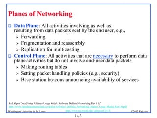 Planes of Networking




Data Plane: All activities involving as well as
resulting from data packets sent by the end user, e.g.,
 Forwarding
 Fragmentation and reassembly
 Replication for multicasting
Control Plane: All activities that are necessary to perform data
plane activities but do not involve end-user data packets
 Making routing tables
 Setting packet handling policies (e.g., security)
 Base station beacons announcing availability of services

Ref: Open Data Center Alliance Usage Model: Software Defined Networking Rev 1.0,”
http://www.opendatacenteralliance.org/docs/Software_Defined_Networking_Master_Usage_Model_Rev1.0.pdf
Washington University in St. Louis

http://www.cse.wustl.edu/~jain/cse570-13/

14-3

©2013 Raj Jain

 