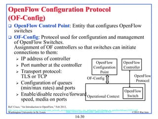 OpenFlow Configuration Protocol
(OF-Config)



OpenFlow Control Point: Entity that configures OpenFlow
switches
OF-Config: Protocol used for configuration and management
of OpenFlow Switches.
Assignment of OF controllers so that switches can initiate
connections to them:
 IP address of controller
OpenFlow
OpenFlow
 Port number at the controller
Configuration
Controller
 Transport protocol:
Point
OpenFlow
TLS or TCP
OF-Config
Protocol
 Configuration of queues
(min/max rates) and ports
OpenFlow
 Enable/disable receive/forward
Switch
Operational Context
speed, media on ports

Ref: Cisco, “An Introduction to OpenFlow,” Feb 2013,
http://www.cisco.com/web/solutions/trends/open_network_environment/docs/cisco_one_webcastan_introduction_to_openflowfebruary142013.pdf

Washington University in St. Louis

http://www.cse.wustl.edu/~jain/cse570-13/

14-30

©2013 Raj Jain

 