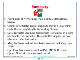 Summary
1.
2.
3.

4.
5.

Four planes of Networking: Data, Control, Management,
Service
OpenFlow separates control plane and moves it to a central
controller  Simplifies the forwarding element
Switches match incoming packets with flow entries in a table
and handle it as instructed. The controller supplies the flow
tables and other instructions.
Many hardware and software based switches including Open
vSwitch
OpenFlow has been extended to IPv4, MPLS, IPv6, and
Optical Network. But more work ahead.

Washington University in St. Louis

http://www.cse.wustl.edu/~jain/cse570-13/

14-37

©2013 Raj Jain

 