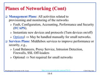 Planes of Networking (Cont)




Management Plane: All activities related to
provisioning and monitoring of the networks
 Fault, Configuration, Accounting, Performance and Security
(FCAPS).
 Instantiate new devices and protocols (Turn devices on/off)
 Optional  May be handled manually for small networks.
Services Plane: Middlebox services to improve performance or
security, e.g.,
 Load Balancers, Proxy Service, Intrusion Detection,
Firewalls, SSL Off-loaders
 Optional  Not required for small networks

Washington University in St. Louis

http://www.cse.wustl.edu/~jain/cse570-13/

14-4

©2013 Raj Jain

 