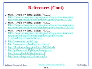 References (Cont)













ONF, "OpenFlow Specifications V1.2.0,"
https://www.opennetworking.org/images/stories/downloads/sdnresources/onf-specifications/openflow/openflow-spec-v1.2.pdf
ONF, "OpenFlow Specifications V1.3.0,"
https://www.opennetworking.org/images/stories/downloads/sdnresources/onf-specifications/openflow/openflow-spec-v1.3.0.pdf
ONF, "OpenFlow Specifications V1.4.0,"
https://www.opennetworking.org/images/stories/downloads/sdnresources/onf-specifications/openflow/openflow-specv1.4.0.pdfhttp://openvswitch.org/
http://www.openvswitch.org/
http://www.projectfloodlight.org/indigo/
http://flowforwarding.github.io/LINC-Switch/
http://github.com/CPqD/openflow-openwrt
http://cpqd.github.io/ofsoftswitch13/
http://sourceforge.net/projects/xorplus

Washington University in St. Louis

http://www.cse.wustl.edu/~jain/cse570-13/

14-40

©2013 Raj Jain

 