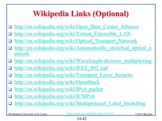 Wikipedia Links (Optional)












http://en.wikipedia.org/wiki/Open_Data_Center_Alliance
http://en.wikipedia.org/wiki/Virtual_Extensible_LAN
http://en.wikipedia.org/wiki/Optical_Transport_Network
http://en.wikipedia.org/wiki/Automatically_switched_optical_n
etwork
http://en.wikipedia.org/wiki/Wavelength-division_multiplexing
http://en.wikipedia.org/wiki/IEEE_802.1ad
http://en.wikipedia.org/wiki/Transport_Layer_Security
http://en.wikipedia.org/wiki/OpenStack
http://en.wikipedia.org/wiki/IPv6_packet
http://en.wikipedia.org/wiki/ICMPv6
http://en.wikipedia.org/wiki/Multiprotocol_Label_Switching

Washington University in St. Louis

http://www.cse.wustl.edu/~jain/cse570-13/

14-42

©2013 Raj Jain

 