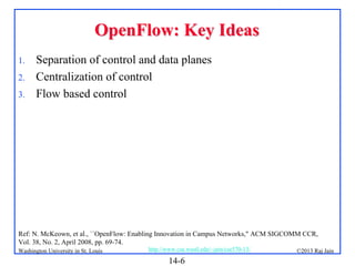 OpenFlow: Key Ideas
1.
2.
3.

Separation of control and data planes
Centralization of control
Flow based control

Ref: N. McKeown, et al., ``OpenFlow: Enabling Innovation in Campus Networks," ACM SIGCOMM CCR,
Vol. 38, No. 2, April 2008, pp. 69-74.
Washington University in St. Louis

http://www.cse.wustl.edu/~jain/cse570-13/

14-6

©2013 Raj Jain

 