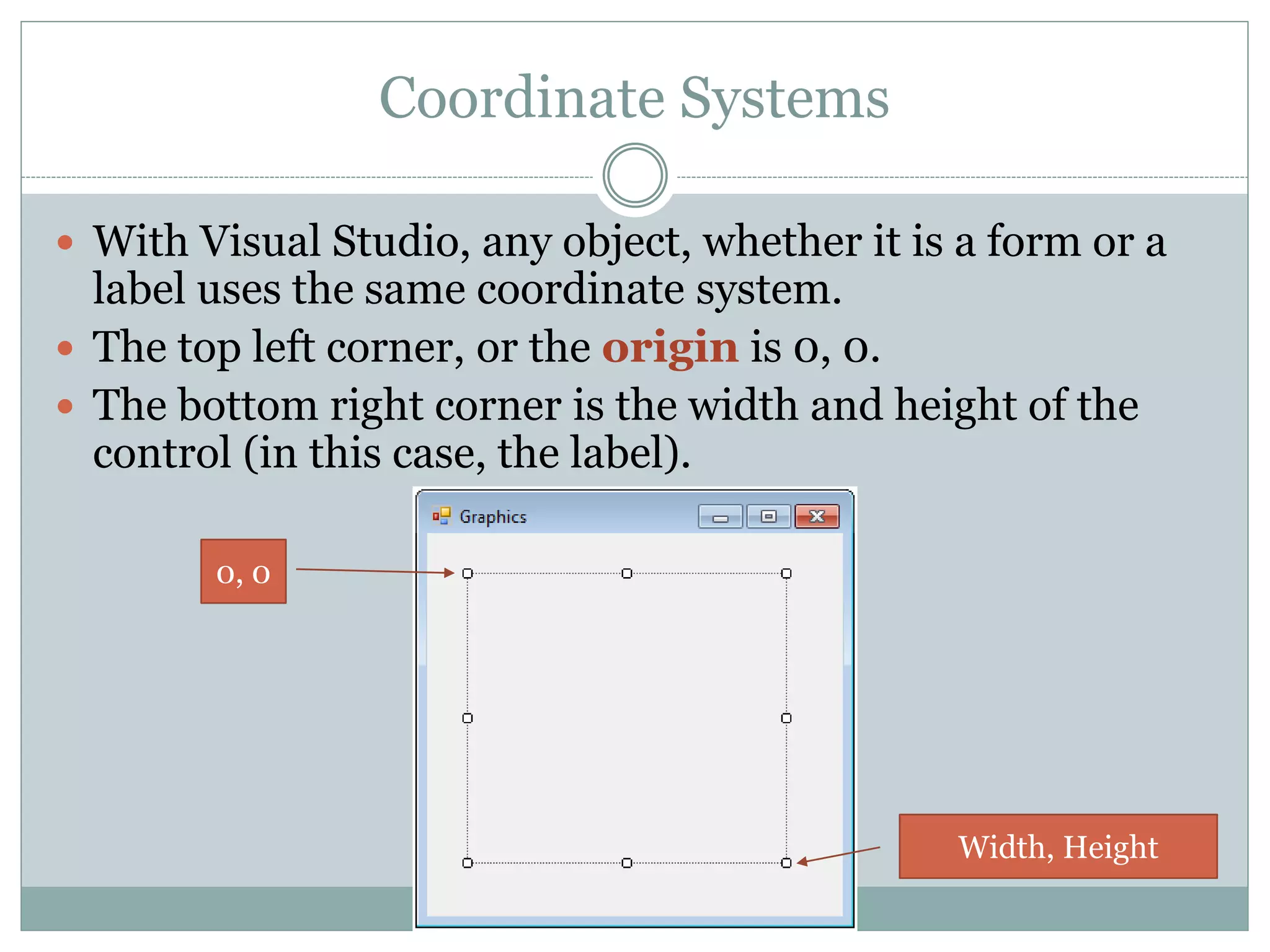 Coordinate Systems
 With Visual Studio, any object, whether it is a form or a
label uses the same coordinate system.
 The top left corner, or the origin is 0, 0.
 The bottom right corner is the width and height of the
control (in this case, the label).
0, 0
Width, Height
 