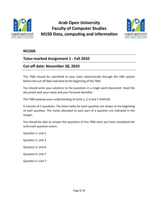 Page 1 / 6
M150A
Tutor-marked Assignment 1 - Fall 2010
Cut-off date: November 28, 2010
This TMA should be submitted to your tutor electronically through the LMS system
before the cut-off date indicated at the beginning of the TMA.
You should write your solutions to the questions in a single word document. Head the
document with your name and your Personal Identifier.
This TMA assesses your understanding of Units 1, 2, 6 and 7 of M150.
It consists of 5 quesƟons. The total marks for each quesƟon are shown at the beginning
of each question. The marks allocated to each part of a question are indicated in the
margin.
You should be able to answer the questions of this TMA once you have completed the
units each question covers:
QuesƟon 1: Unit 1
QuesƟon 2: Unit 2
QuesƟon 3: Unit 6
QuesƟon 4: Unit 7
QuesƟon 5: Unit 7
Arab Open University
Faculty of Computer Studies
M150 Data, compuƟng and informaƟon
 