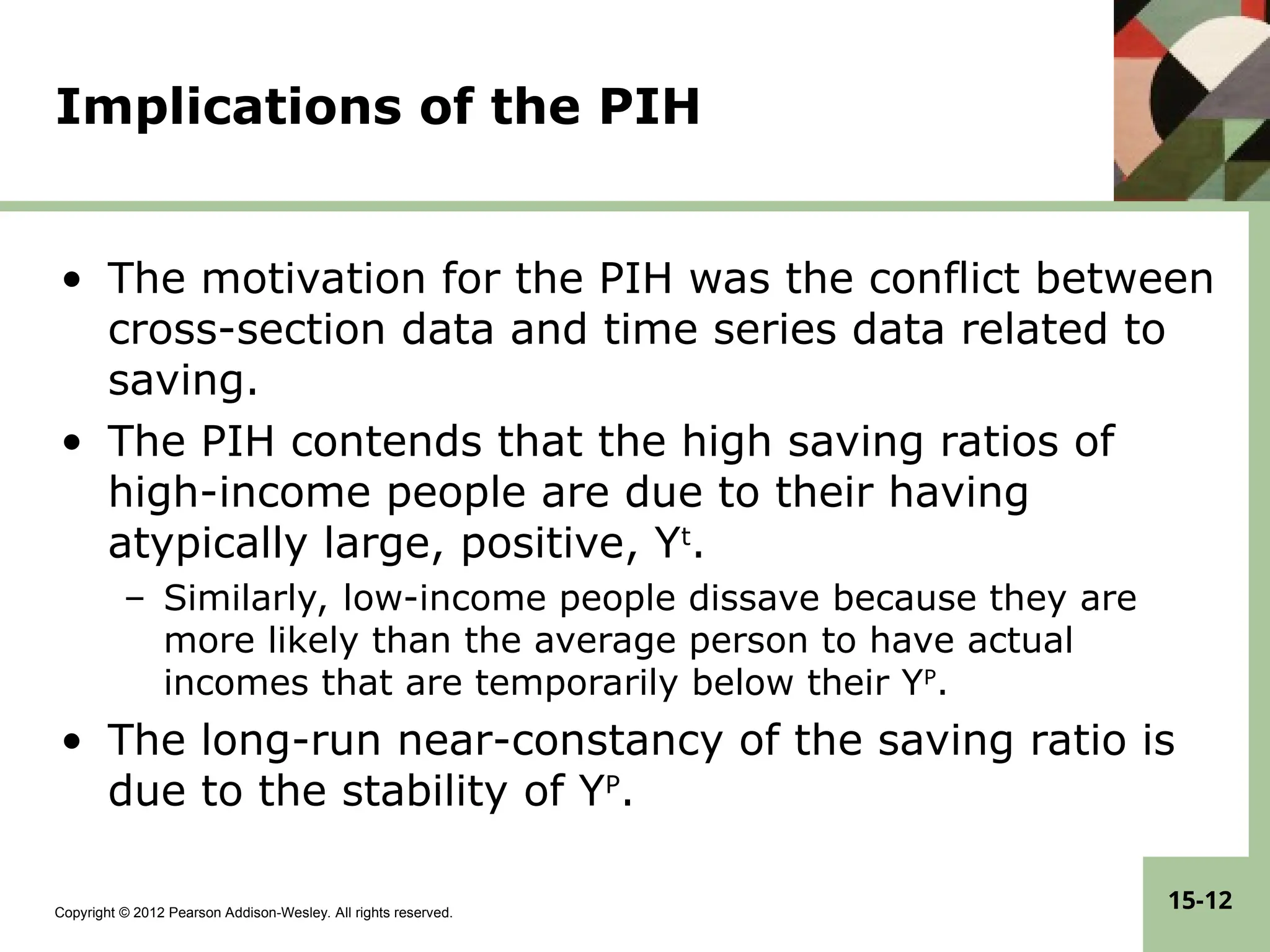 Copyright © 2012 Pearson Addison-Wesley. All rights reserved.
15-12
Implications of the PIH
• The motivation for the PIH was the conflict between
cross-section data and time series data related to
saving.
• The PIH contends that the high saving ratios of
high-income people are due to their having
atypically large, positive, Yt
.
– Similarly, low-income people dissave because they are
more likely than the average person to have actual
incomes that are temporarily below their YP
.
• The long-run near-constancy of the saving ratio is
due to the stability of YP
.
 