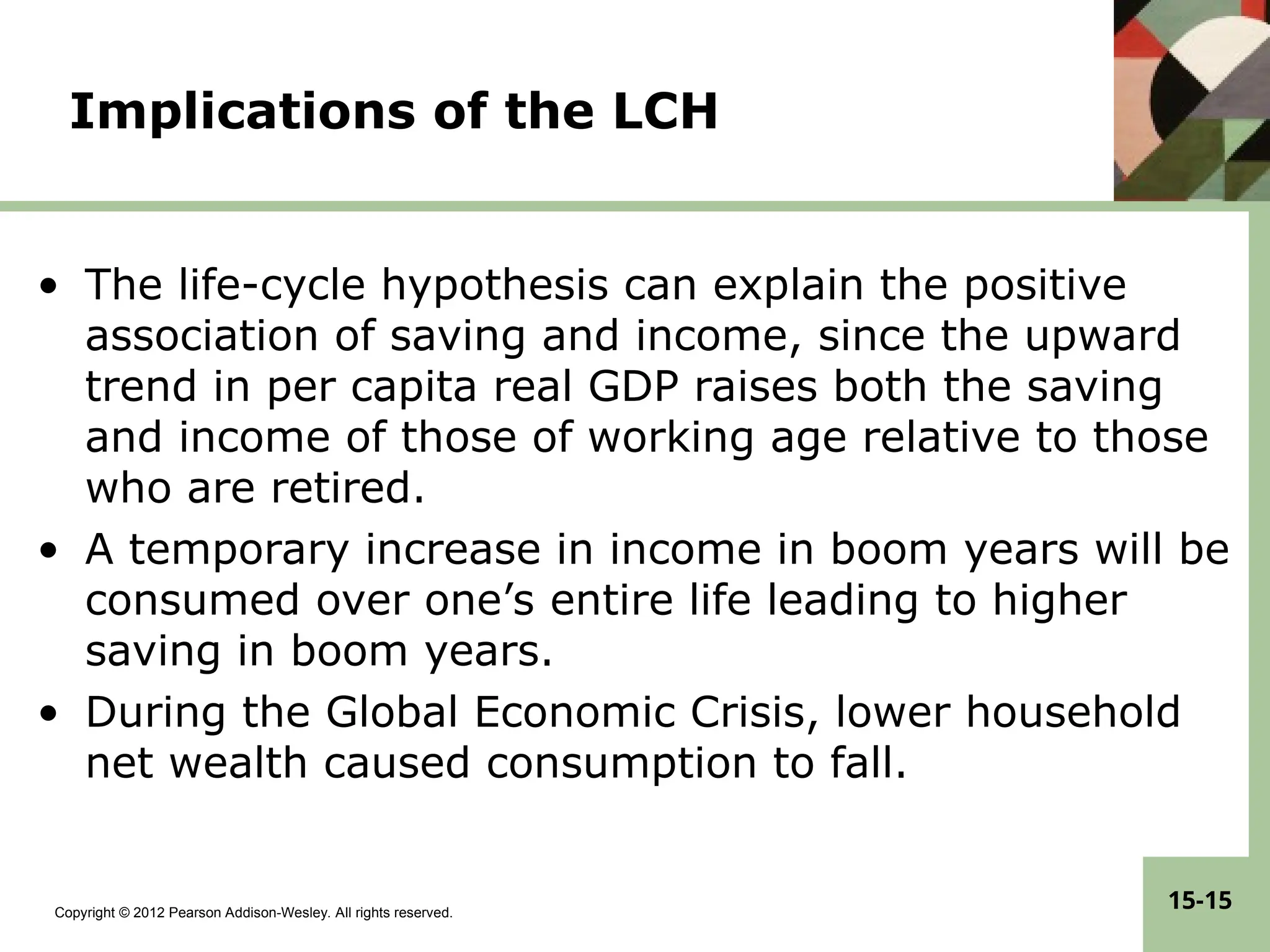 Copyright © 2012 Pearson Addison-Wesley. All rights reserved.
15-15
Implications of the LCH
• The life-cycle hypothesis can explain the positive
association of saving and income, since the upward
trend in per capita real GDP raises both the saving
and income of those of working age relative to those
who are retired.
• A temporary increase in income in boom years will be
consumed over one’s entire life leading to higher
saving in boom years.
• During the Global Economic Crisis, lower household
net wealth caused consumption to fall.
 