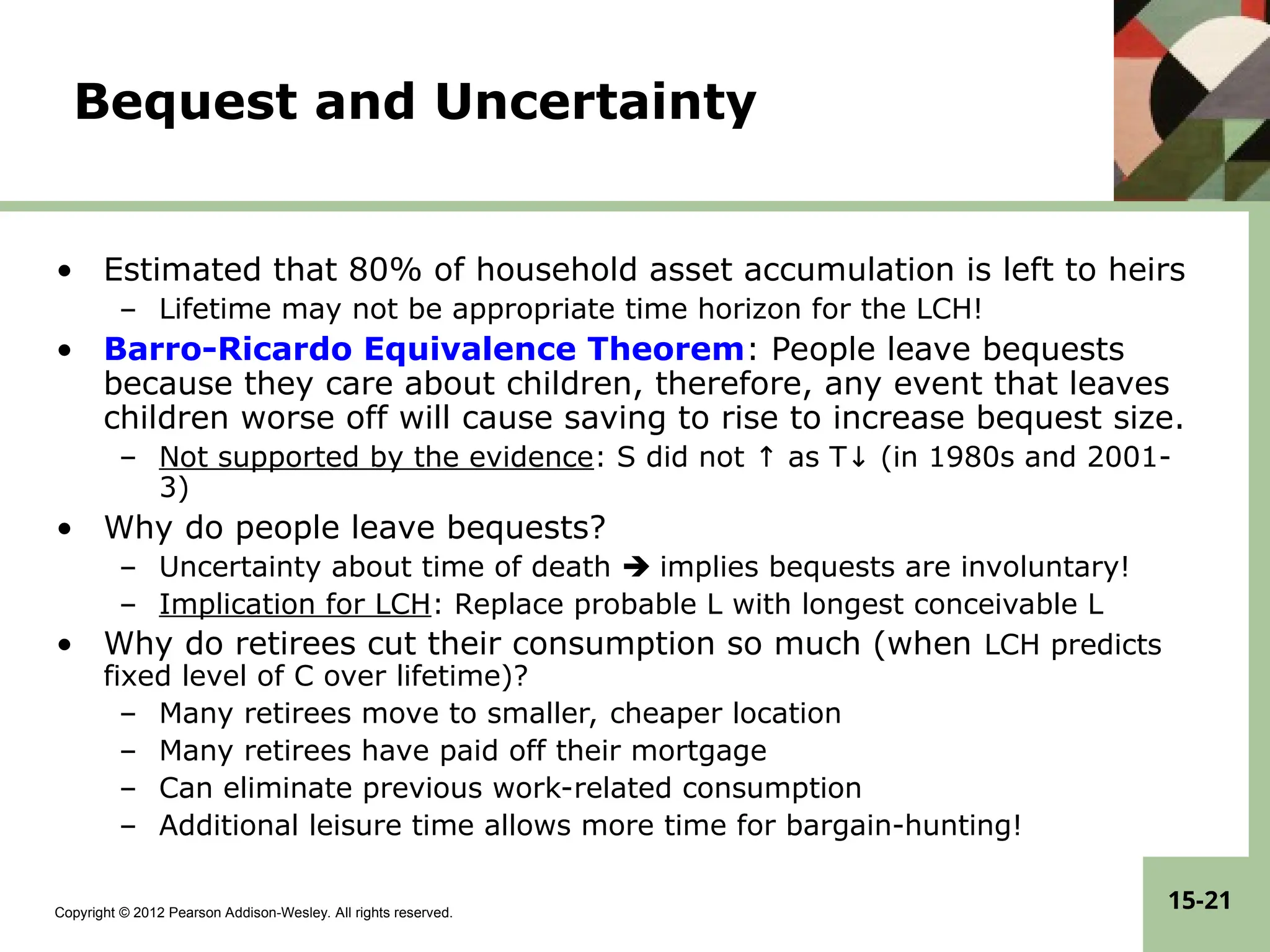 Copyright © 2012 Pearson Addison-Wesley. All rights reserved.
15-21
Bequest and Uncertainty
• Estimated that 80% of household asset accumulation is left to heirs
– Lifetime may not be appropriate time horizon for the LCH!
• Barro-Ricardo Equivalence Theorem: People leave bequests
because they care about children, therefore, any event that leaves
children worse off will cause saving to rise to increase bequest size.
– Not supported by the evidence: S did not ↑ as T↓ (in 1980s and 2001-
3)
• Why do people leave bequests?
– Uncertainty about time of death  implies bequests are involuntary!
– Implication for LCH: Replace probable L with longest conceivable L
• Why do retirees cut their consumption so much (when LCH predicts
fixed level of C over lifetime)?
– Many retirees move to smaller, cheaper location
– Many retirees have paid off their mortgage
– Can eliminate previous work-related consumption
– Additional leisure time allows more time for bargain-hunting!
 