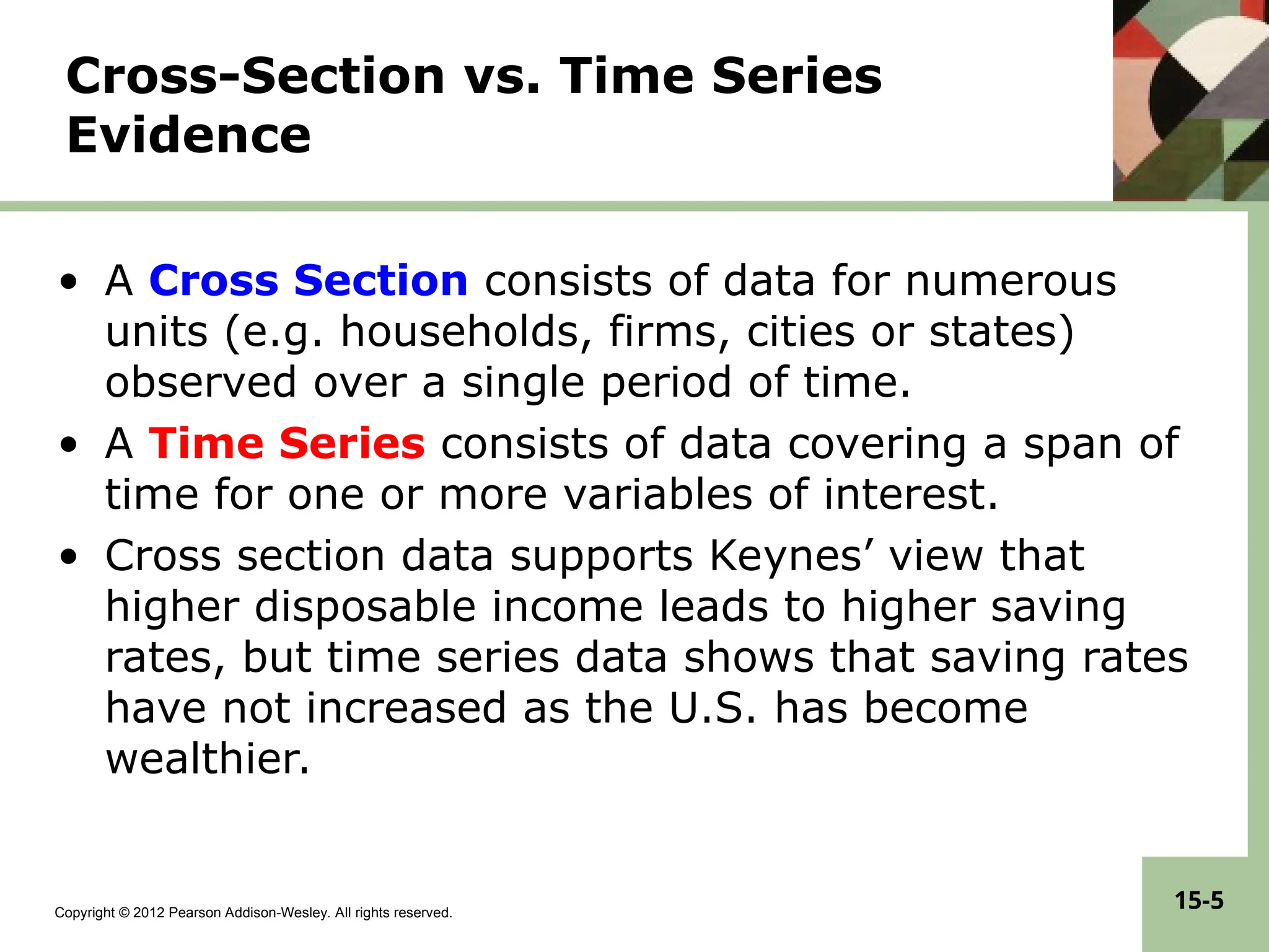 Copyright © 2012 Pearson Addison-Wesley. All rights reserved.
15-5
Cross-Section vs. Time Series
Evidence
• A Cross Section consists of data for numerous
units (e.g. households, firms, cities or states)
observed over a single period of time.
• A Time Series consists of data covering a span of
time for one or more variables of interest.
• Cross section data supports Keynes’ view that
higher disposable income leads to higher saving
rates, but time series data shows that saving rates
have not increased as the U.S. has become
wealthier.
 
