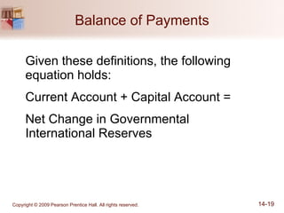 Balance of Payments Given these definitions, the following equation holds: Current Account + Capital Account =  Net Change in Governmental  International Reserves 