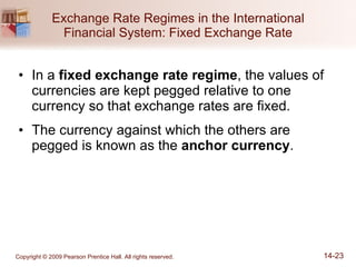 Exchange Rate Regimes in the International Financial System: Fixed Exchange Rate In a  fixed exchange rate regime , the values of currencies are kept pegged relative to one currency so that exchange rates are fixed. The currency against which the others are pegged is known as the  anchor currency . 