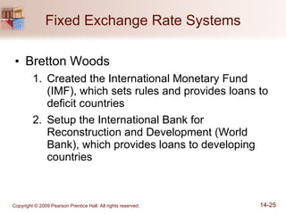 Fixed Exchange Rate Systems Bretton Woods Created the International Monetary Fund (IMF), which sets rules and provides loans to deficit countries Setup the International Bank for Reconstruction and Development (World Bank), which provides loans to developing countries 