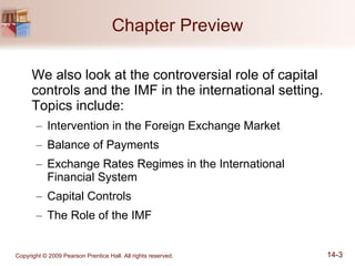 Chapter Preview We also look at the controversial role of capital controls and the IMF in the international setting.  Topics include: Intervention in the Foreign Exchange Market Balance of Payments Exchange Rates Regimes in the International  Financial System Capital Controls The Role of the IMF 