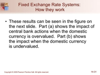 Fixed Exchange Rate Systems:  How they work These results can be seen in the figure on the next slide.  Part (a) shows the impact of central bank actions when the domestic currency is overvalued.  Part (b) shows  the impact when the domestic currency  is undervalued. 