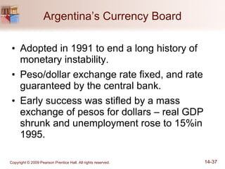 Argentina’s Currency Board Adopted in 1991 to end a long history of monetary instability. Peso/dollar exchange rate fixed, and rate guaranteed by the central bank. Early success was stifled by a mass exchange of pesos for dollars – real GDP shrunk and unemployment rose to 15%in 1995. 
