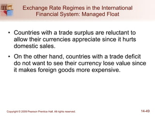 Exchange Rate Regimes in the International Financial System: Managed Float Countries with a trade surplus are reluctant to allow their currencies appreciate since it hurts domestic sales. On the other hand, countries with a trade deficit do not want to see their currency lose value since it makes foreign goods more expensive. 
