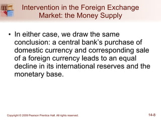Intervention in the Foreign Exchange Market: the Money Supply In either case, we draw the same conclusion: a central bank’s purchase of domestic currency and corresponding sale of a foreign currency leads to an equal decline in its international reserves and the monetary base.  