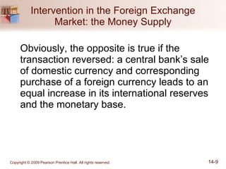 Intervention in the Foreign Exchange Market: the Money Supply Obviously, the opposite is true if the transaction reversed: a central bank’s sale of domestic currency and corresponding purchase of a foreign currency leads to an equal increase in its international reserves and the monetary base. 
