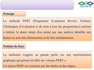 La méthode PERT (Programme Evaluation Review Technic)
(Techniques d’évaluation et de mise à jour des programmes) consiste
à réduire la durée totale d'un projet par une analyse détaillée des
tâches ou activités élémentaires et de leur enchaînement.
Principe
Notions de base
La méthodes s'appuie en grande partie sur une représentation
graphique qui permet de bâtir un « réseau PERT ».
Un réseau PERT est constitué par des tâches et des étapes.
 