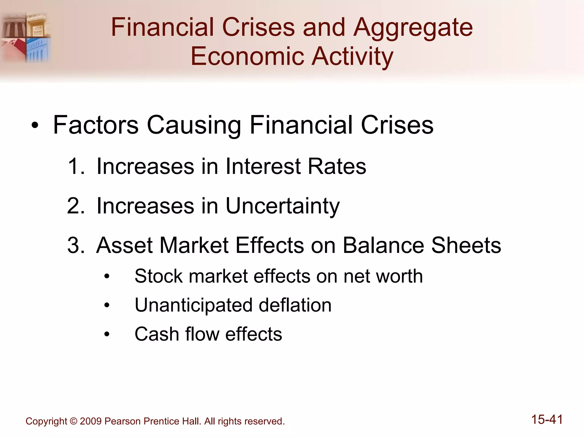 Financial Crises and Aggregate Economic Activity Factors Causing Financial Crises Increases in Interest Rates Increases in Uncertainty Asset Market Effects on Balance Sheets Stock market effects on net worth Unanticipated deflation Cash flow effects 