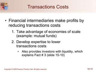 Transactions Costs Financial intermediaries make profits by reducing transactions costs  Take advantage of economies of scale  (example: mutual funds) Develop expertise to lower  transactions costs Also provides investors with liquidity, which explains Fact # 3 (slide 15-10) 