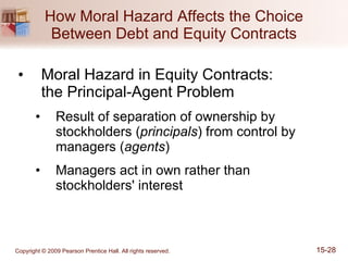 How Moral Hazard Affects the Choice Between Debt and Equity Contracts Moral Hazard in Equity Contracts:  the Principal-Agent Problem Result of separation of ownership by stockholders ( principals ) from control by managers ( agents ) Managers act in own rather than stockholders' interest 
