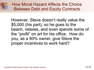 How Moral Hazard Affects the Choice Between Debt and Equity Contracts However, Steve doesn’t really value the $5,000 (his part), so he goes to the beach, relaxes, and even spends some of the “profit” on art for his office.  How do you, as a 90% owner, give Steve the proper incentives to work hard? 